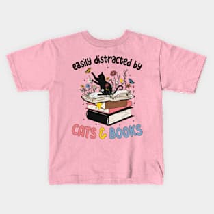 Funny Easily Distracted By Cats And Books Gifts Kids T-Shirt